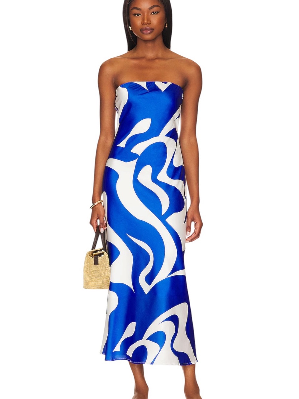 SNDYS- Angel Strapless Blue & White Abstract Midi Dress Size XL NWT!!!